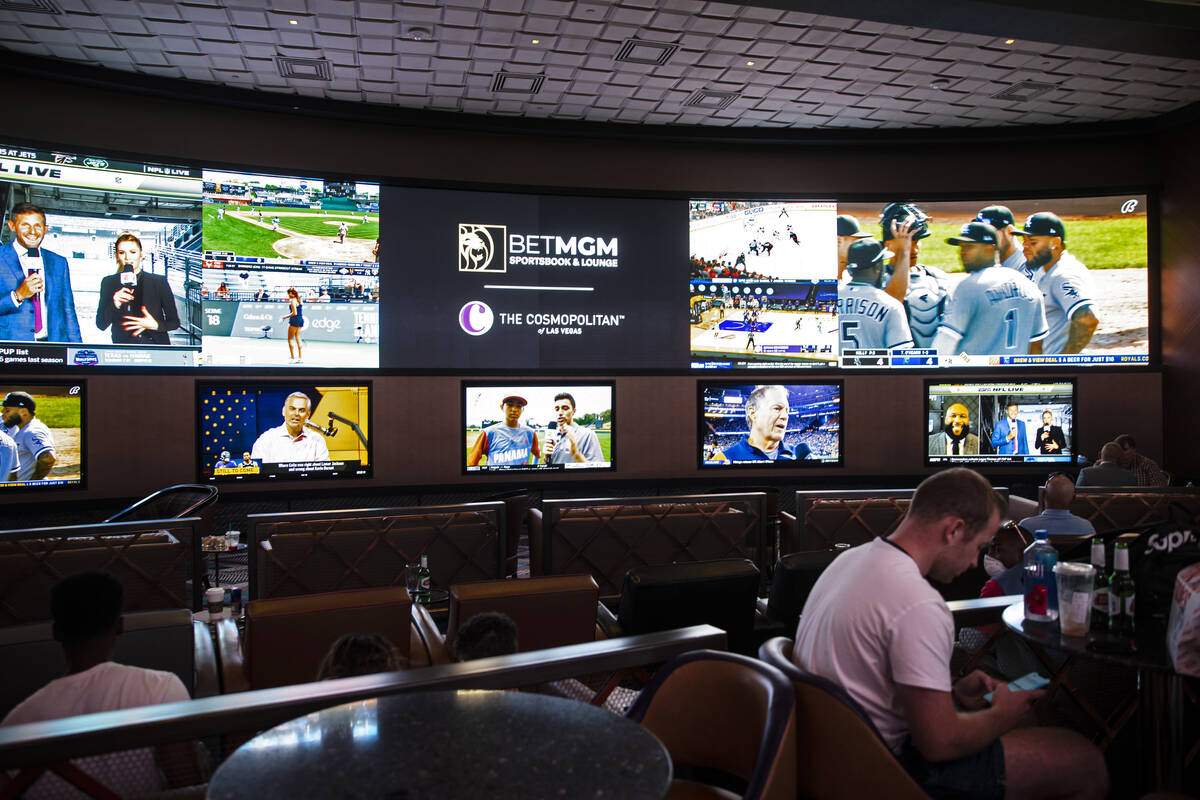 The BetMGM Sportsbook at The Cosmopolitan of Las Vegas on Monday, Aug. 22, 2022, in Las Vegas. ...