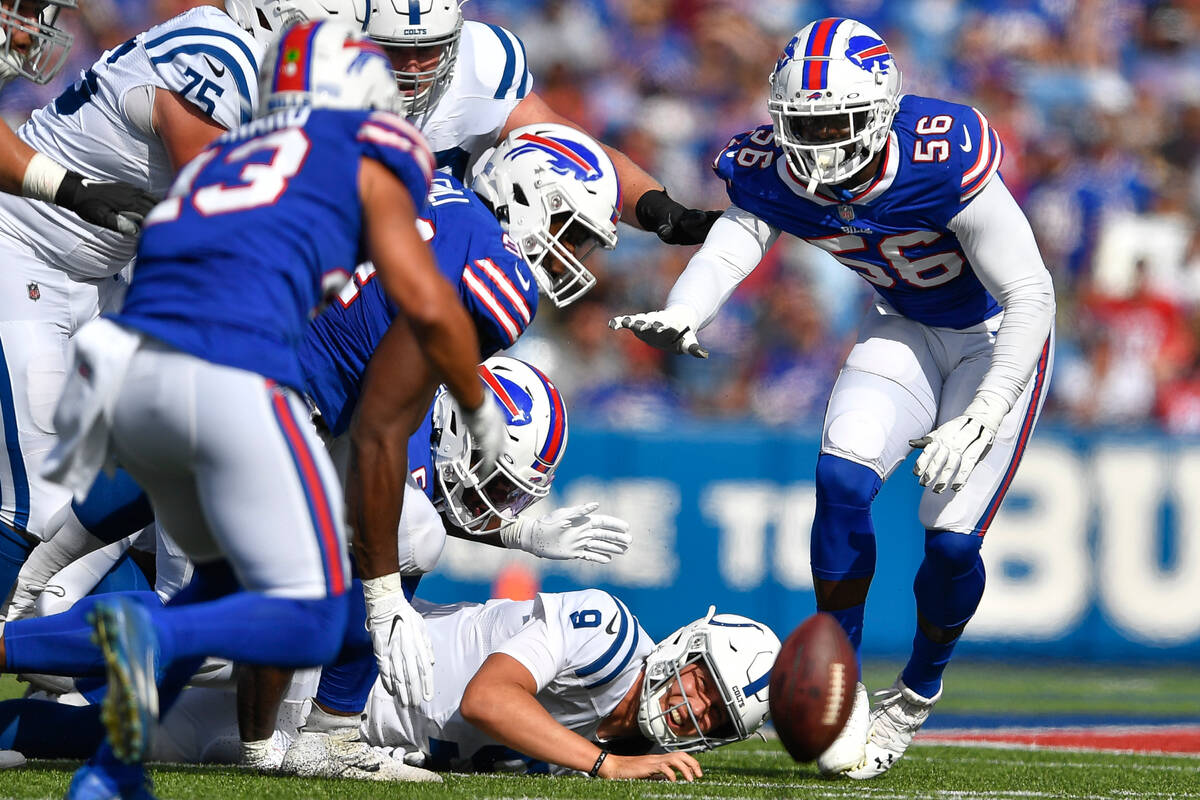 Indianapolis Colts quarterback Nick Foles (9) watches the ball after he fumbled against the Buf ...