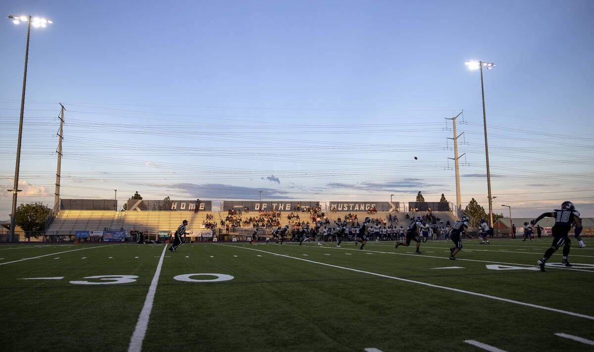 Shadow Ridge kicks off during a Class 4A high school football game against Durango at Shadow Ri ...