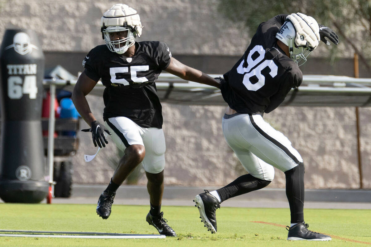 Raiders defensive end Chandler Jones (55) works against defensive end Tashawn Bower (96) during ...