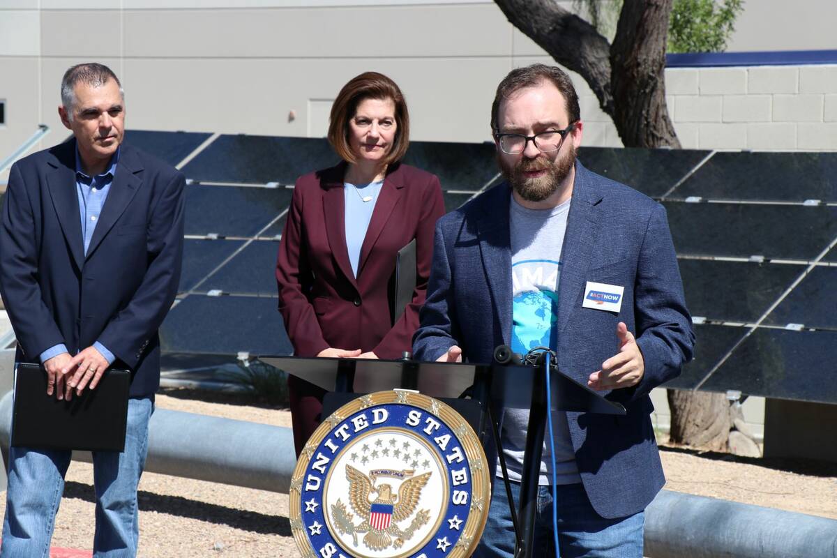 Mark Peckham, a political organizer for EDF Action, speaks at a press conference at the Matt Fi ...