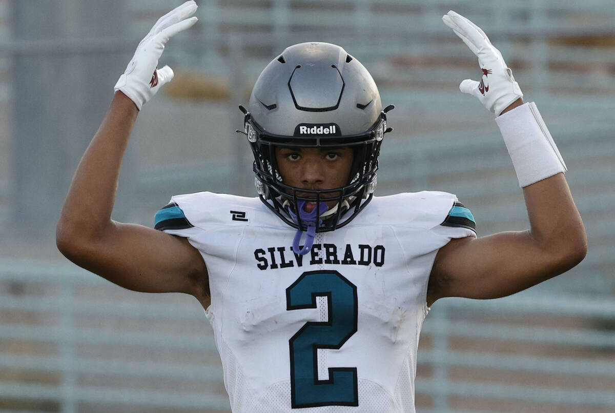 Silverado High School's Donavyn Pellot (2) gestures after his touchdown during the first half o ...