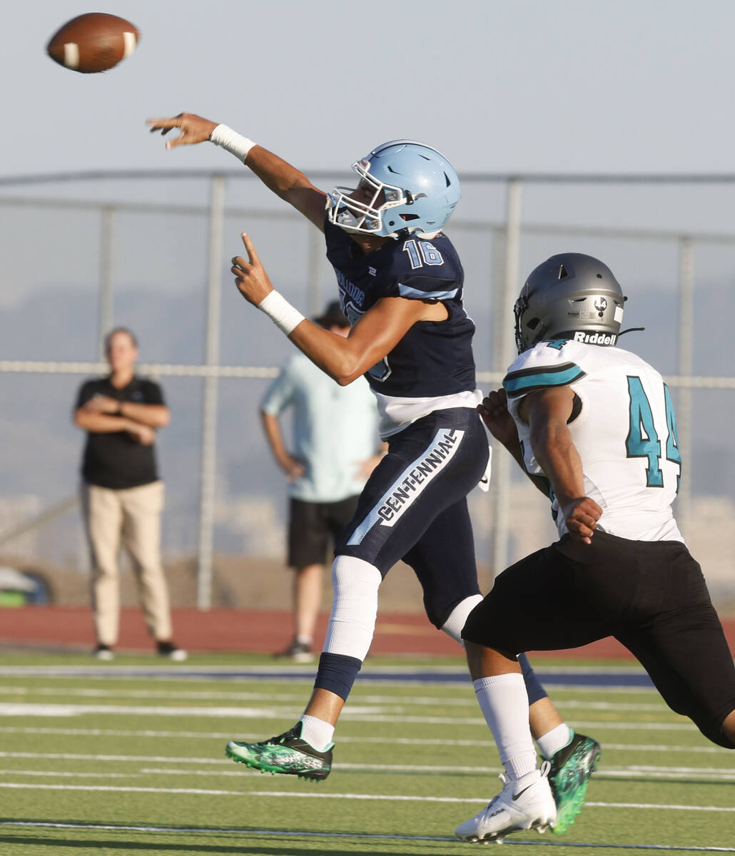Centennial High School's quarterback Michael Ritcharoen throws a ball as Silverado High School' ...