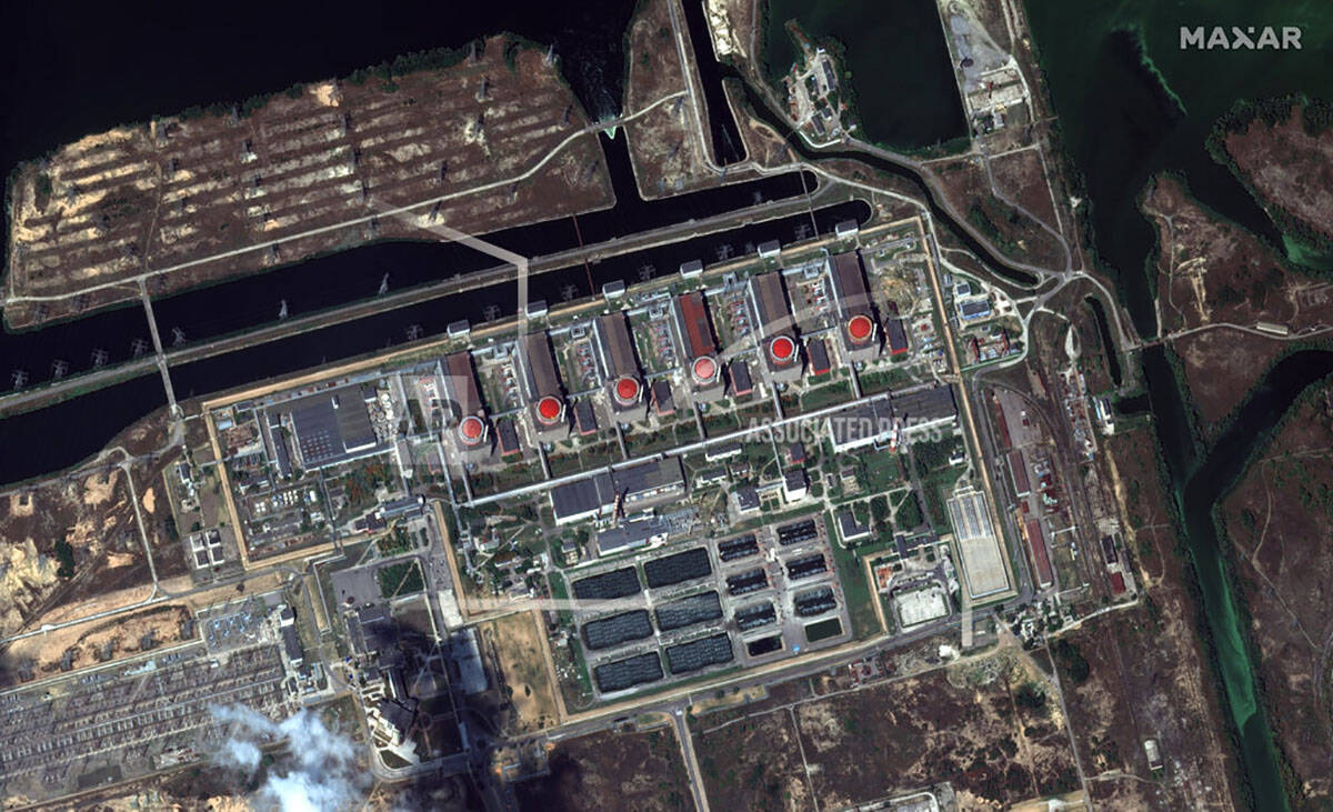 This satellite image provided by Maxar Technologies shows the Zaporizhzhia nuclear plant in Rus ...