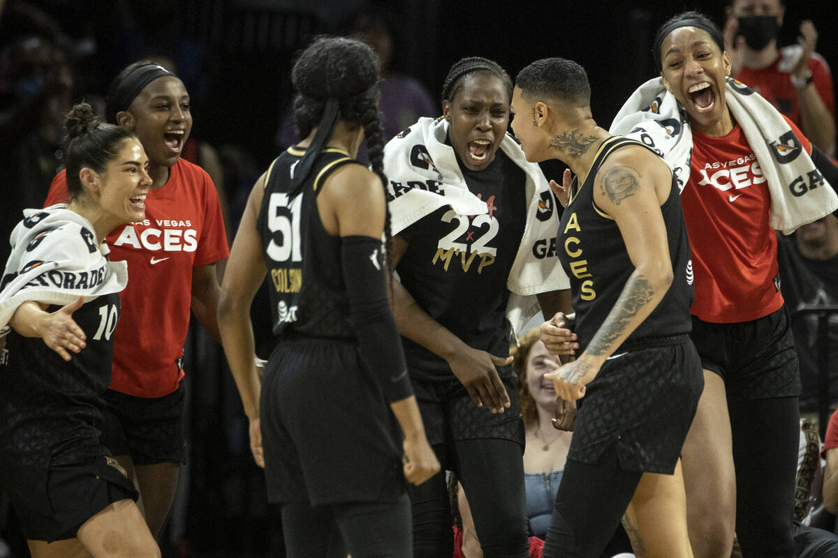 Las Vegas Aces starters Kelsey Plum, Jackie Young, Chelsea Gray, A’ja Wilson and guard S ...