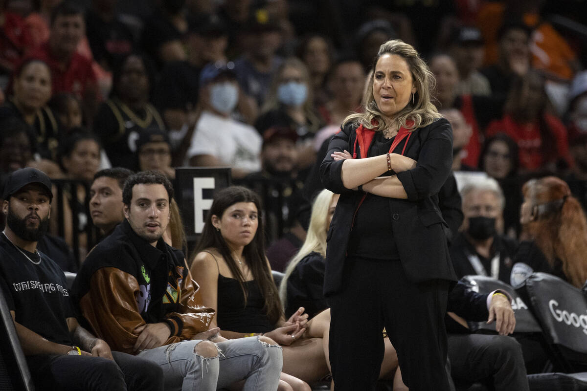 Las Vegas Aces head coach Becky Hammon reacts after a foul was called on the Phoenix Mercury du ...