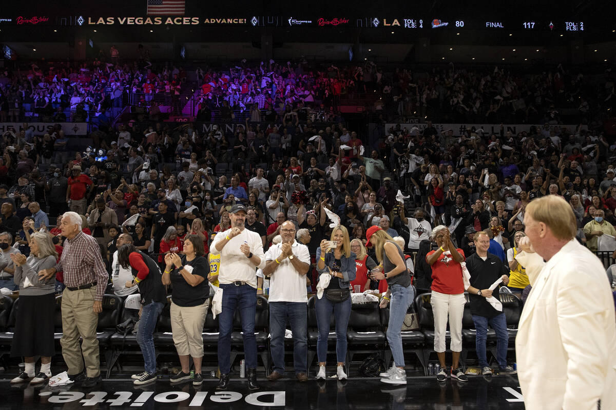 Las Vegas Aces owner Mark Davis cheers to the crowd after his team won a WNBA playoff basketbal ...