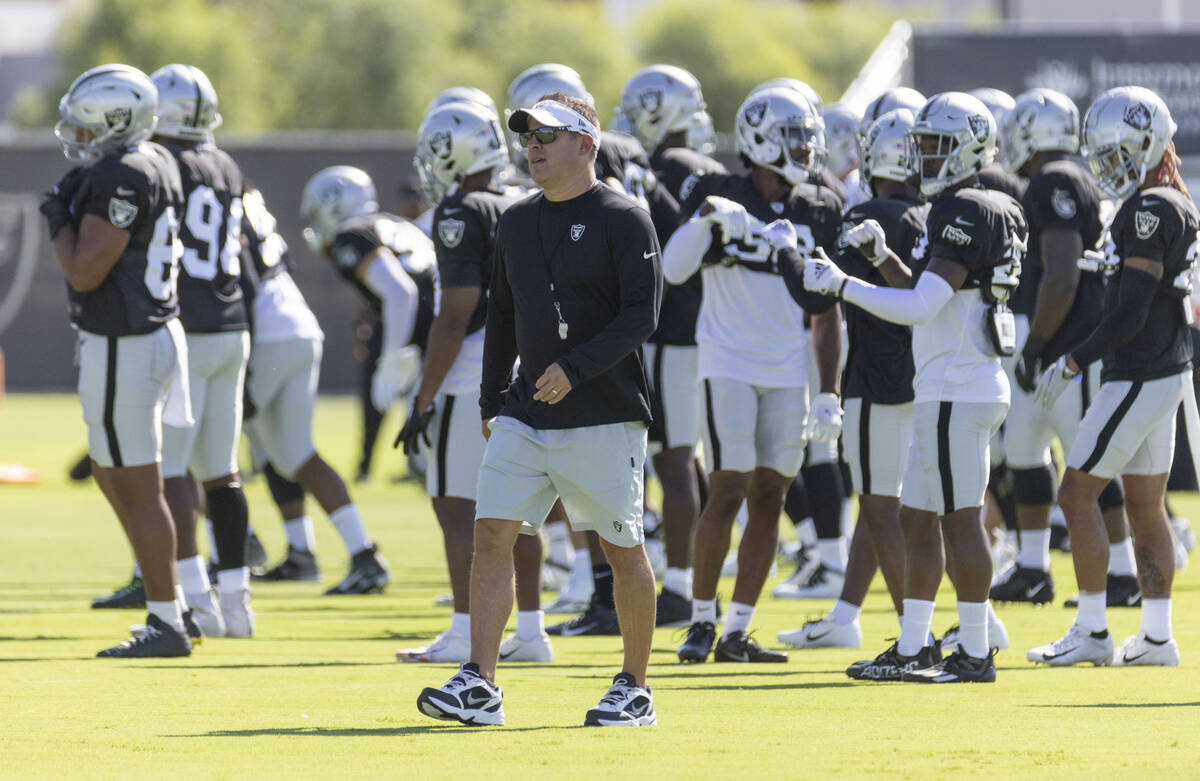 Raiders head coach Josh McDaniels walks the field during the team’s training camp practi ...
