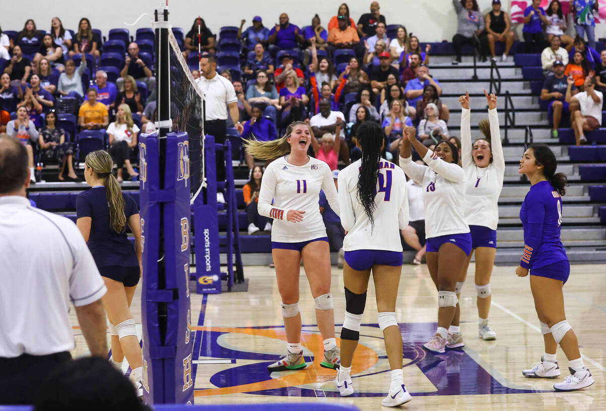 Bishop Gorman players celebrate as they lead against Centennial during a volleyball game at Bis ...
