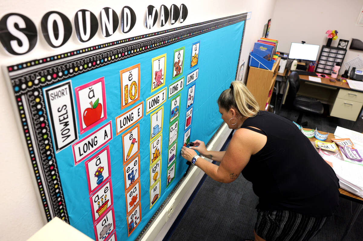 Amy Powell, a K-5 reading interventions teacher sets up her classroom at Ronnow Elementary Scho ...
