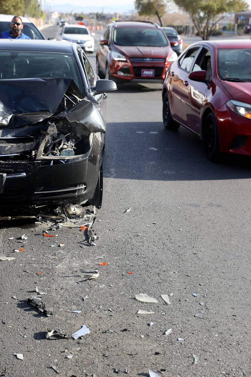 The scene of a multiple-vehicle crash on North 5th Street in North Las Vegas on March 25, 2022. ...