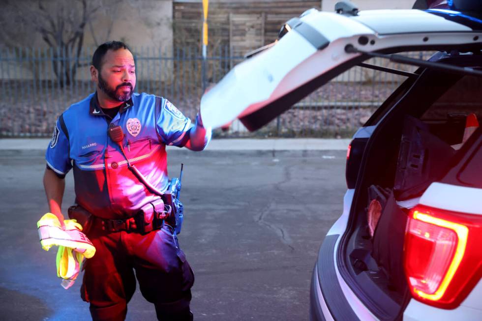 North Las Vegas Police Officer Andy Navarro, a fatal traffic investigator, at the scene of a hi ...