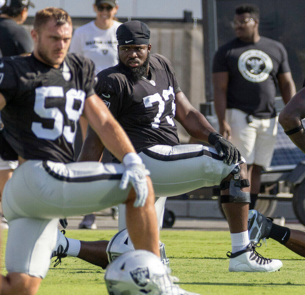 Raiders defensive tackle Matthew Butler (73) stretches during the team’s training camp p ...