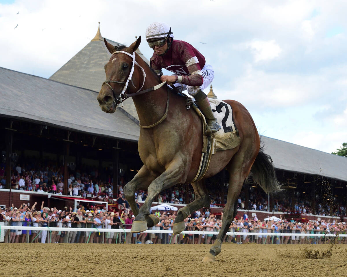 In this photo provided by the New York Racing Association, Epicenter, with jockey Joel Rosario ...