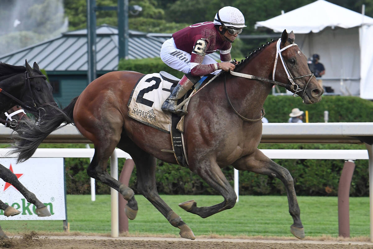 In this photo provided by the New York Racing Association, Epicenter, with jockey Joel Rosario ...