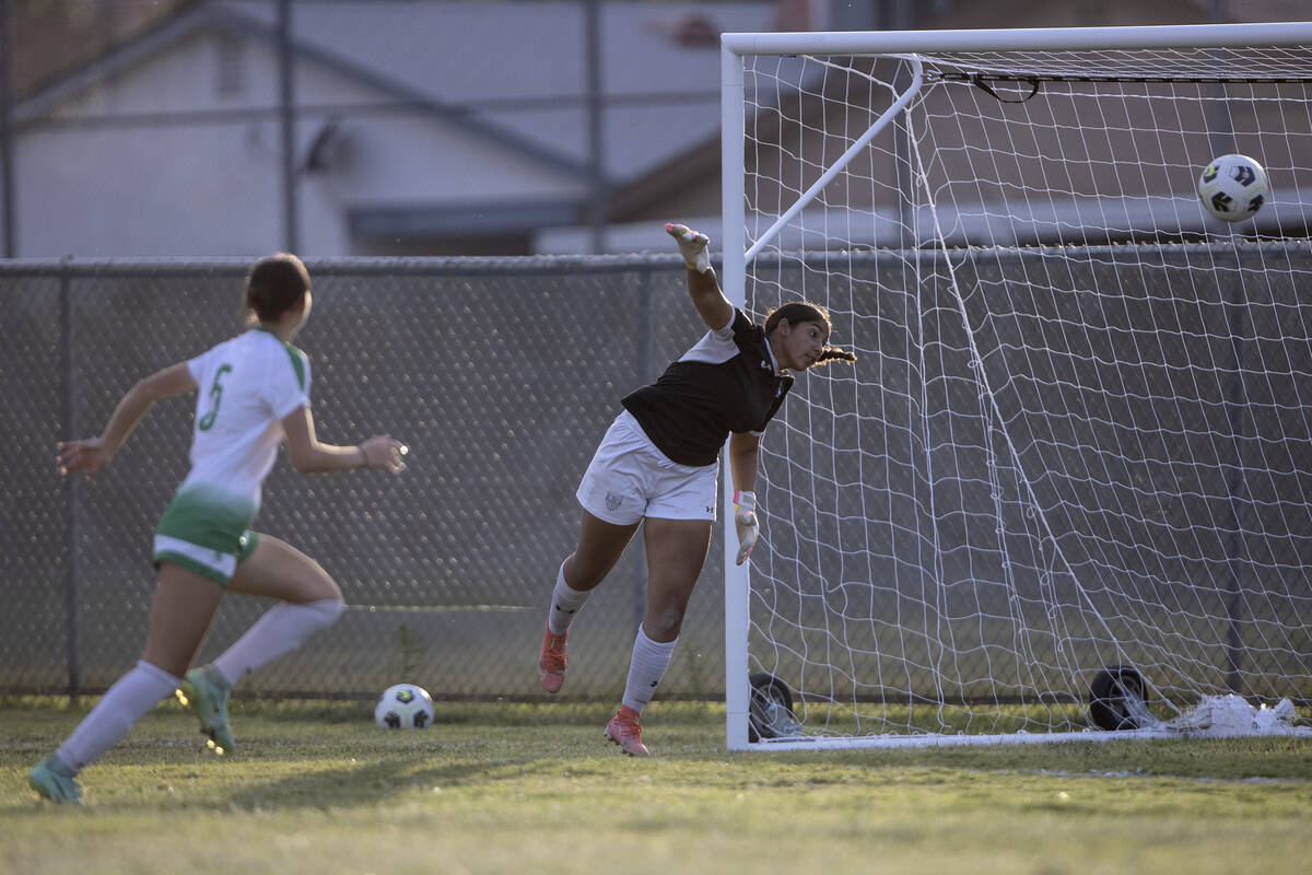 Arbor View’s Jazlyn Chavez (1) saves a shot on goal by Green Valley during a girls high ...