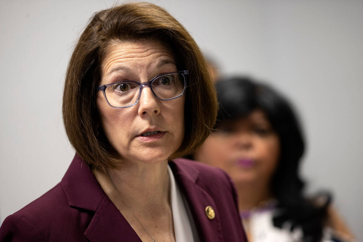 In this July 1, 2022, file photo, Sen. Catherine Cortez Masto, D-Nev., speaks during a news con ...