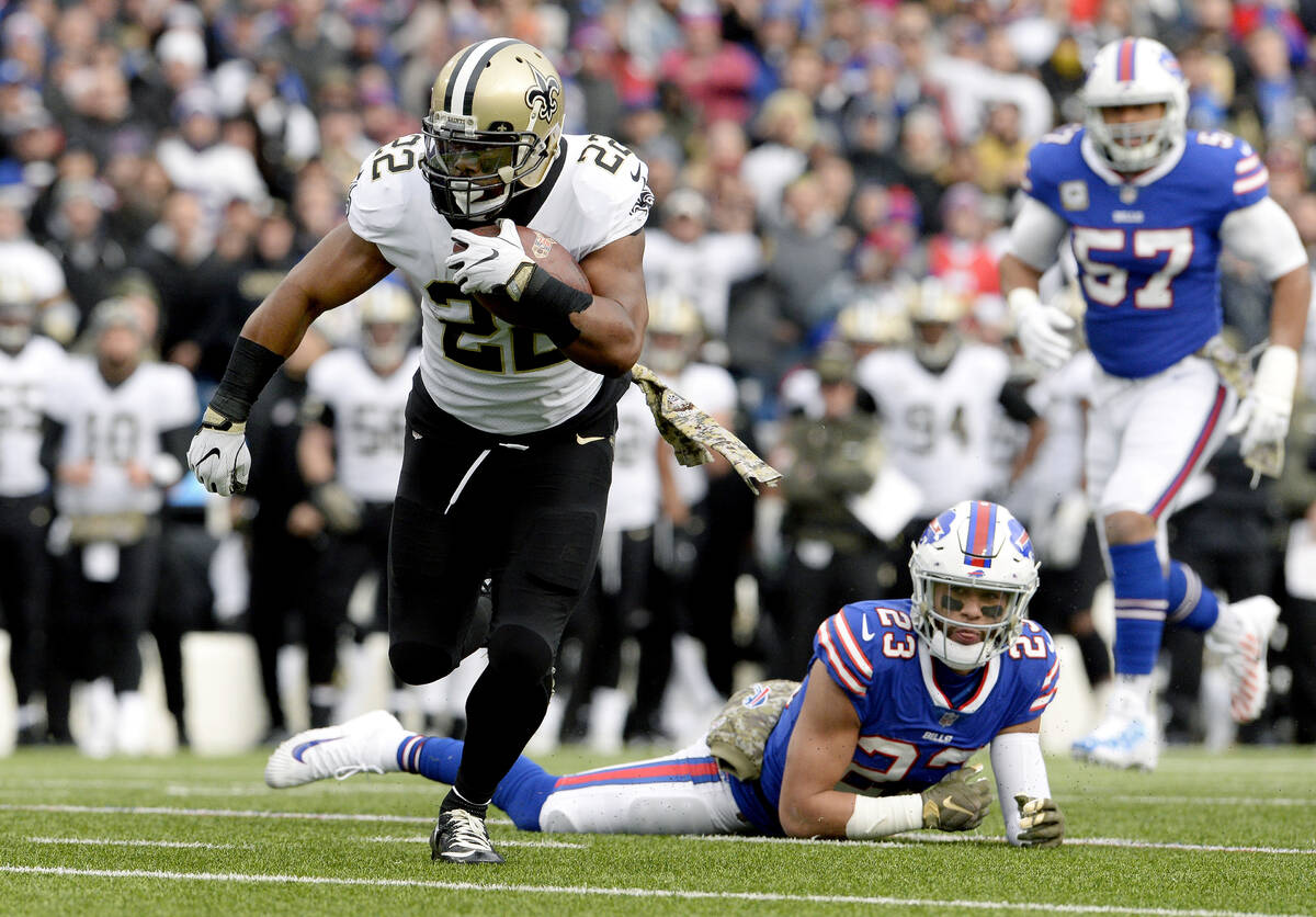 FILE - In this Nov. 12, 2017, file photo, New Orleans Saints running back Mark Ingram II (22) r ...