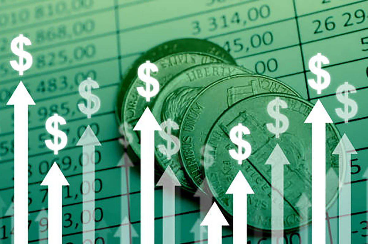 Dollar currency growth concept with upward arrows on charts and coins background.