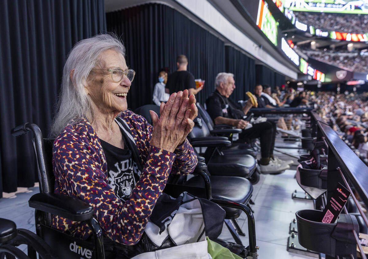 Helen Emerson at 93 enjoys her first in person Raiders game during the second half of their NFL ...