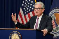 Federal Reserve Chairman Jerome Powell speaks during a news conference at the Federal Reserve B ...