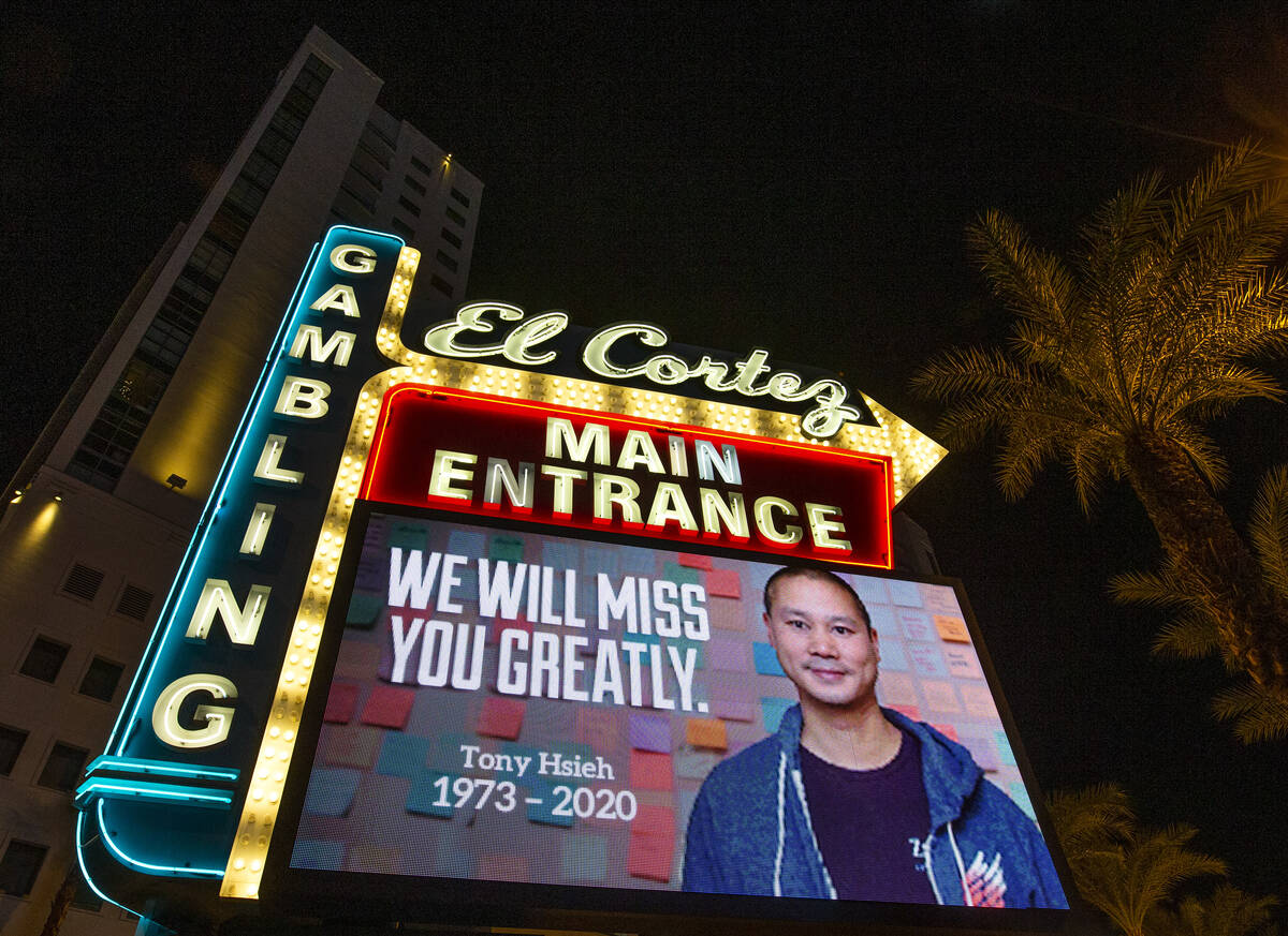 A sign at El Cortez features a tribute to former Zappos CEO and Downtown Project founder Tony H ...