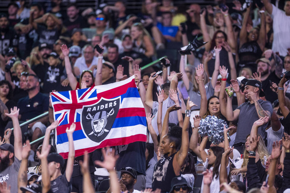 Raiders fans celebrate another score versus the New England Patriots during the second half of ...