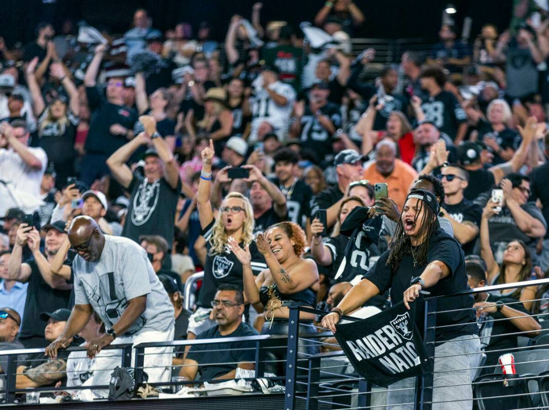 Raiders fans celebrate another score versus the New England Patriots during the second half of ...