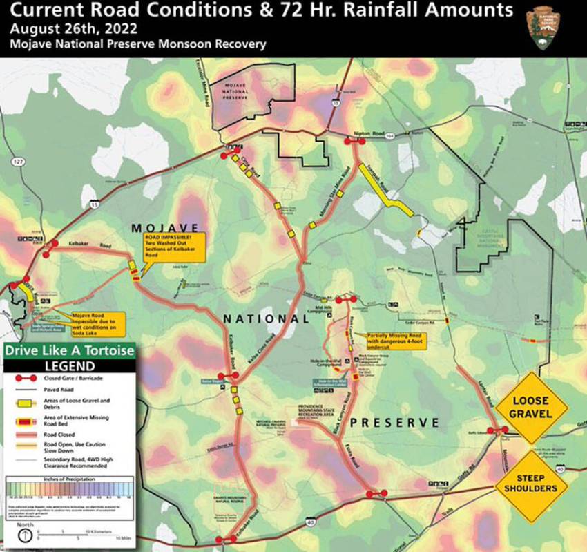 A map shows the rainfall totals and other details for the closed Mojave National Preserve on Fr ...