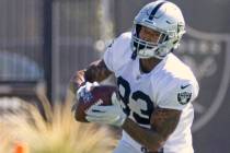 Raiders tight end Darren Waller (83) makes a catch during the team’s training camp pract ...