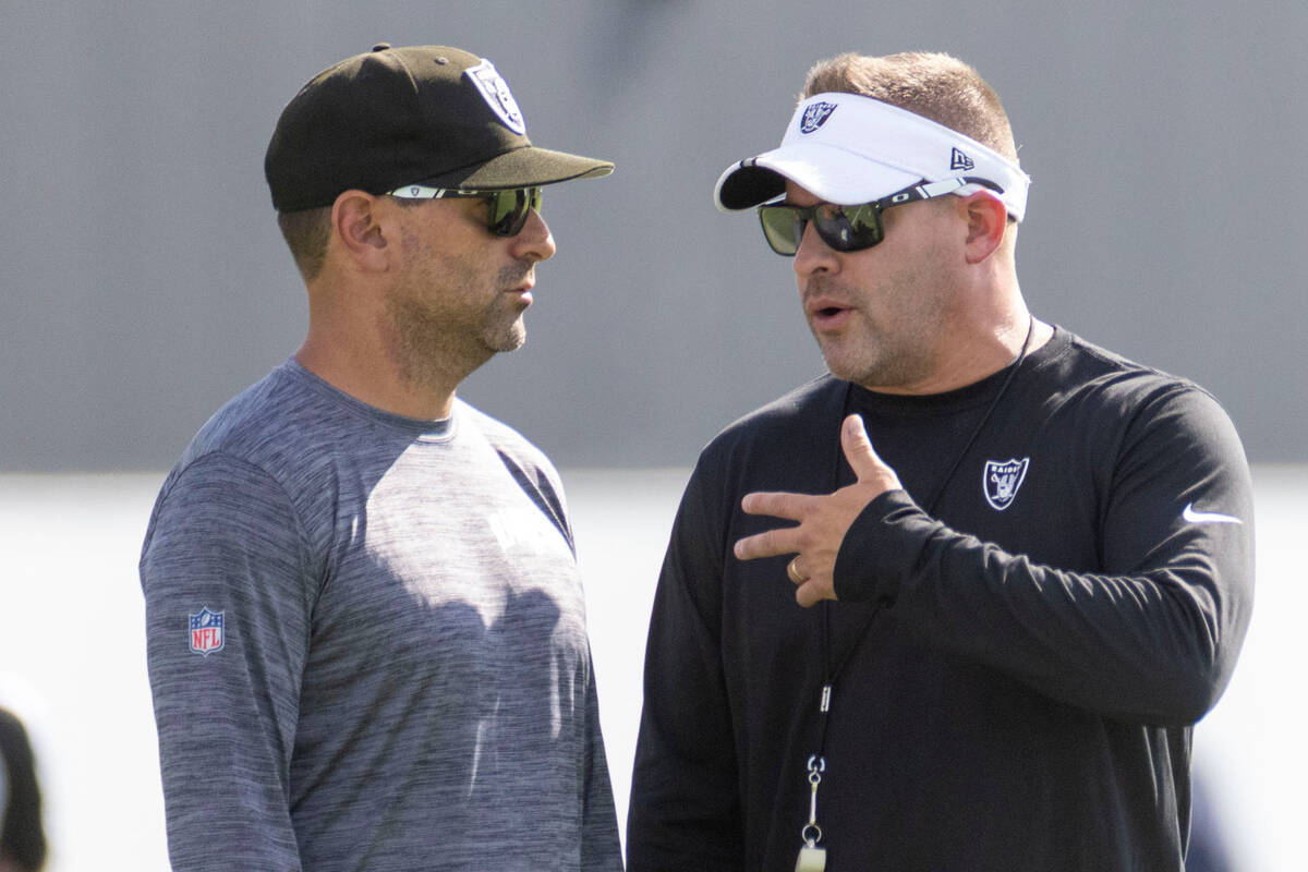 Raiders general manager Dave Ziegler, left, and head coach Josh McDaniels during the team&#x201 ...