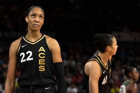 Las Vegas Aces forward A'ja Wilson (22) reacts after the Seattle Storm scored during the second ...