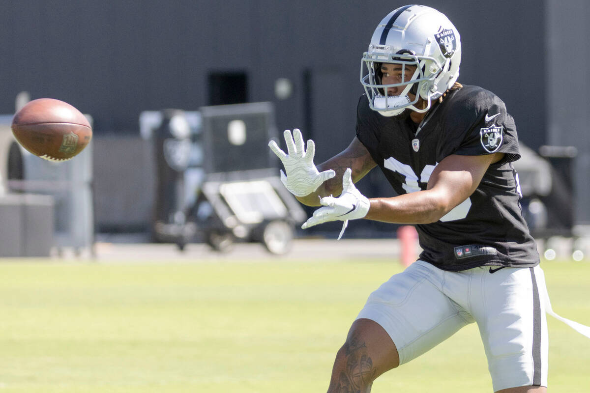 Raiders safety Roderic Teamer (33) prepares to makes a catch during the team’s training ...