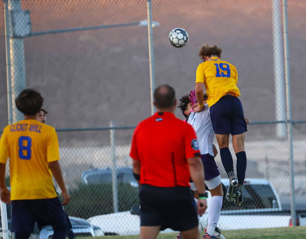 Shadow Ridge Paul Jankowski (19) heads the ball to score a goal against Silverado during a socc ...