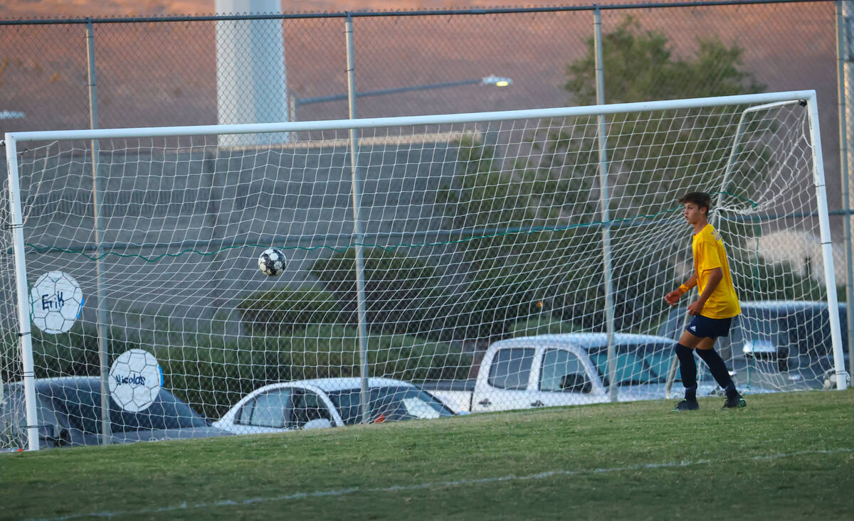 Shadow Ridge’s Paul Jankowski, not pictured, scores a goal against Silverado during a so ...