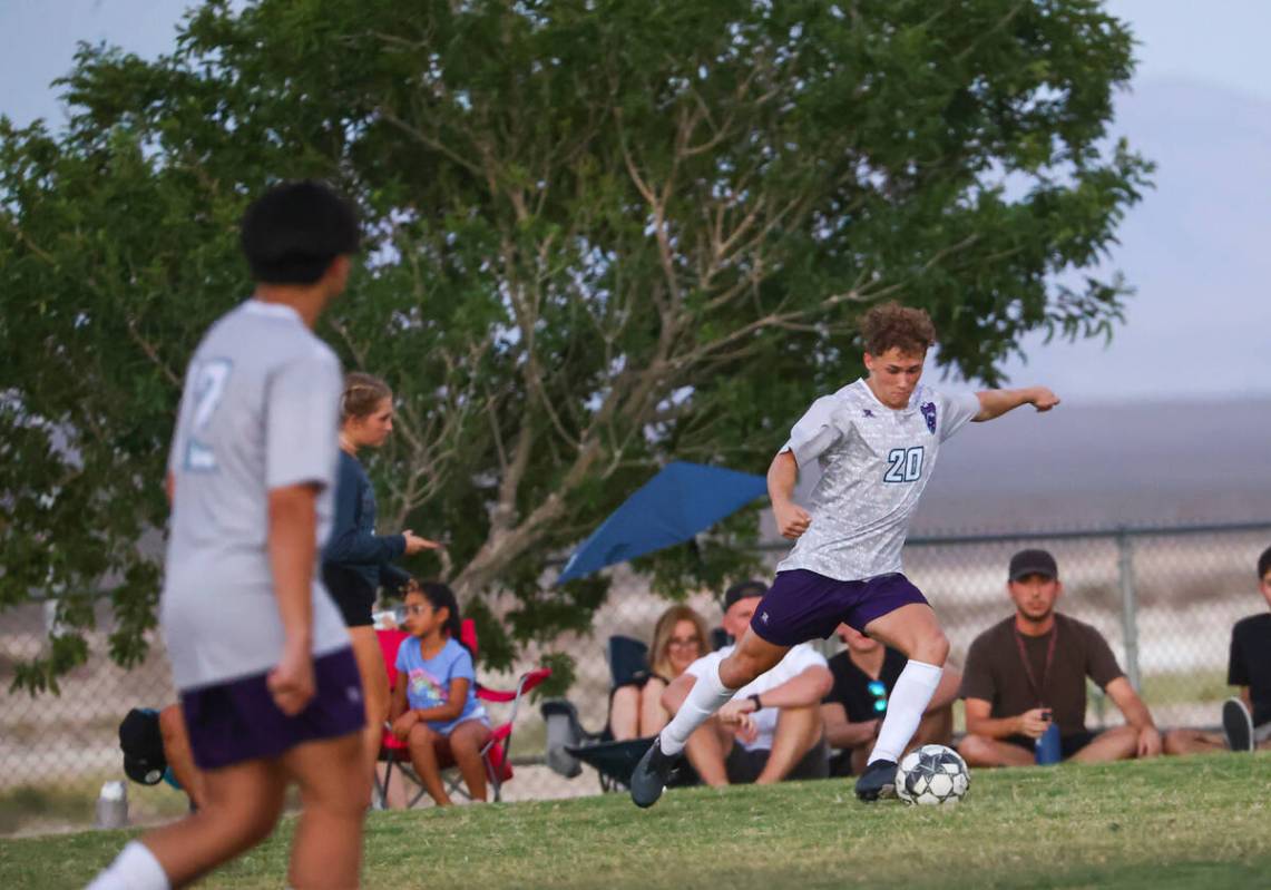 Silverado’s Soren Bible (20) lines up a kick during a soccer game at Shadow Ridge High S ...