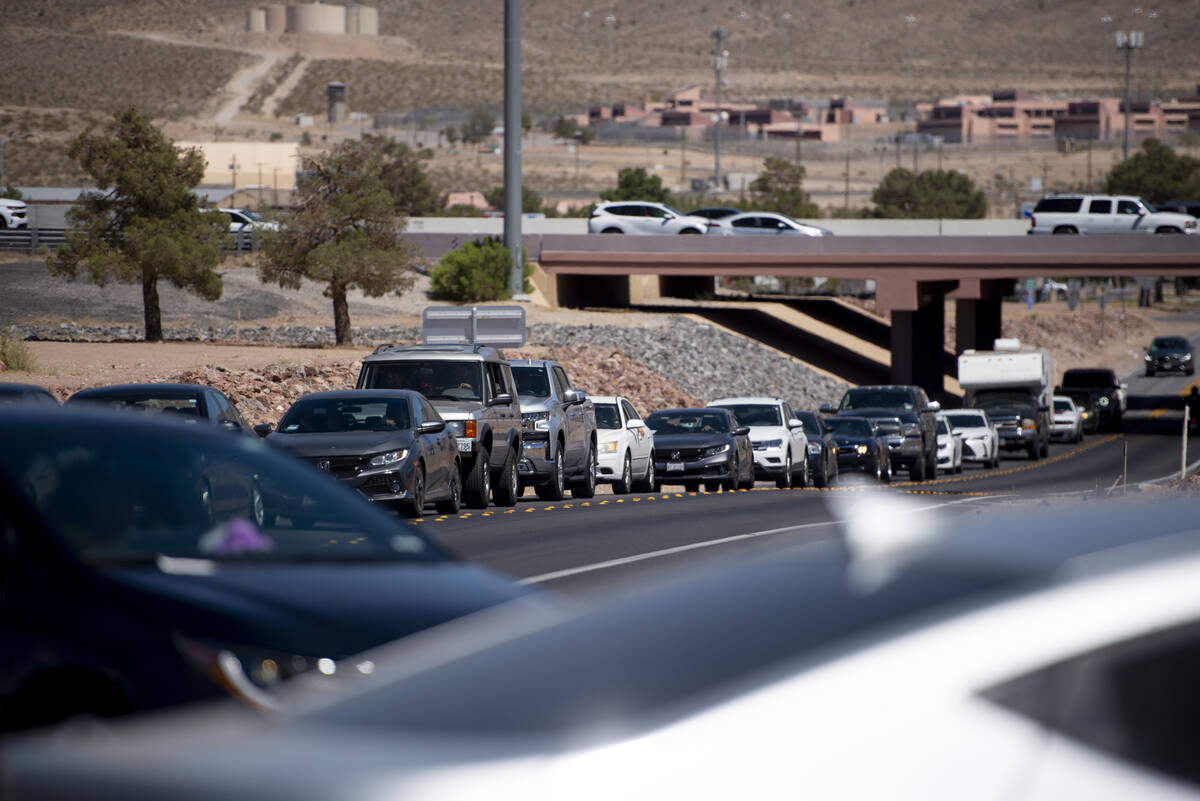 Memorial Day traffic backs up on the South Interstate 15 on-ramp in Jean on Monday, May 30, 202 ...