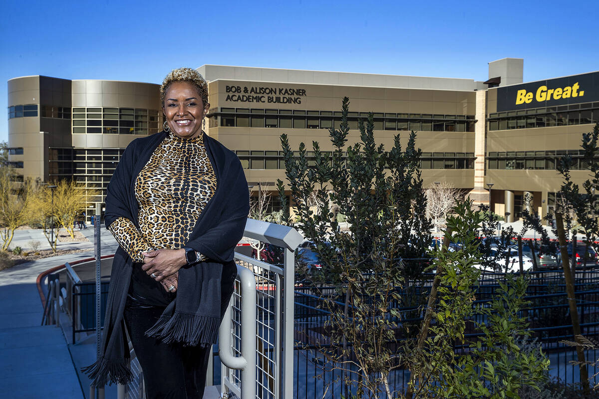 Nevada State College President DeRionne Pollard in a campus commons area with the Bob and Aliso ...