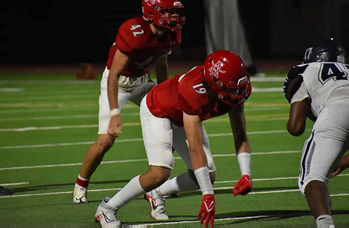 Arbor View linebacker Christian Thatcher (42) lines up for a play during a 38-6 win over Shadow ...