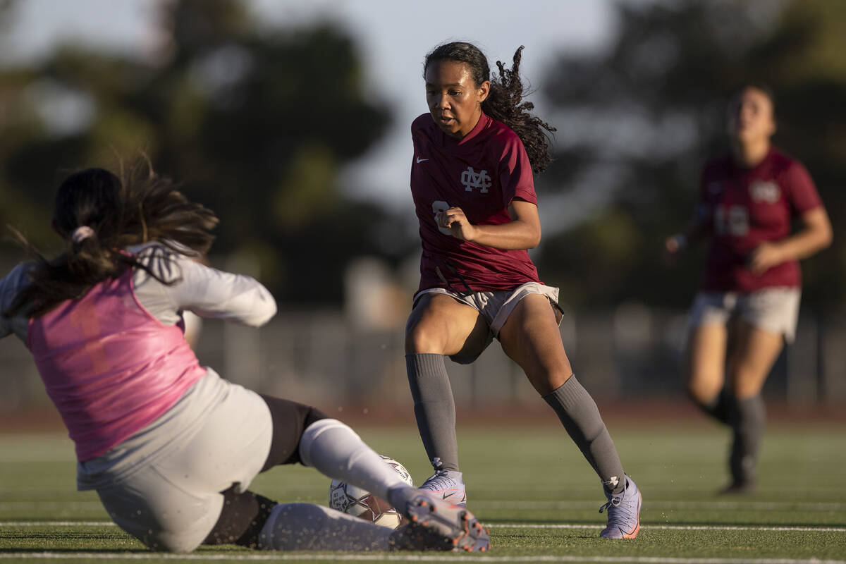 Cimarron-Memorial striker Akailah Detton (2) attempts a goal against Bonanza goalkeeper Evelyn ...