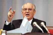 Soviet President Mikhail Gorbachev comments before the Congress of People's Deputies during deb ...