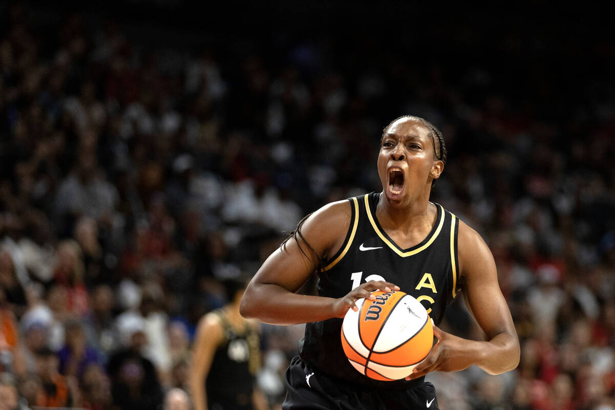 Las Vegas Aces guard Chelsea Gray (12) reacts after referees called a technical foul on her dur ...