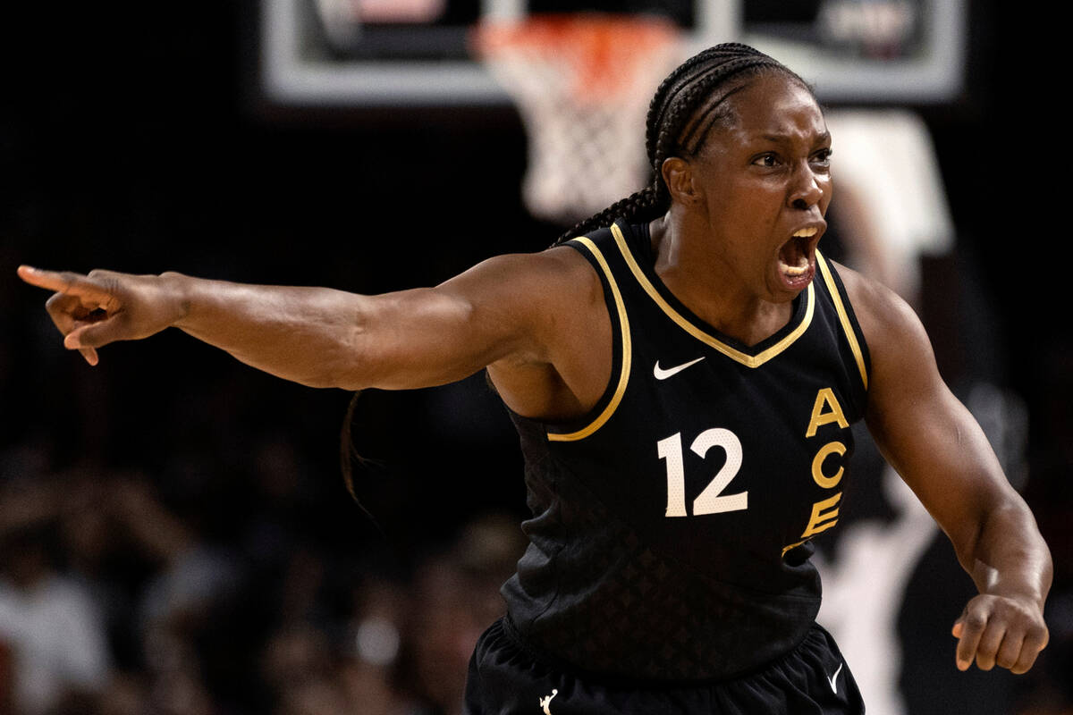 Las Vegas Aces guard Chelsea Gray (12) reacts after referees called a technical foul on her dur ...