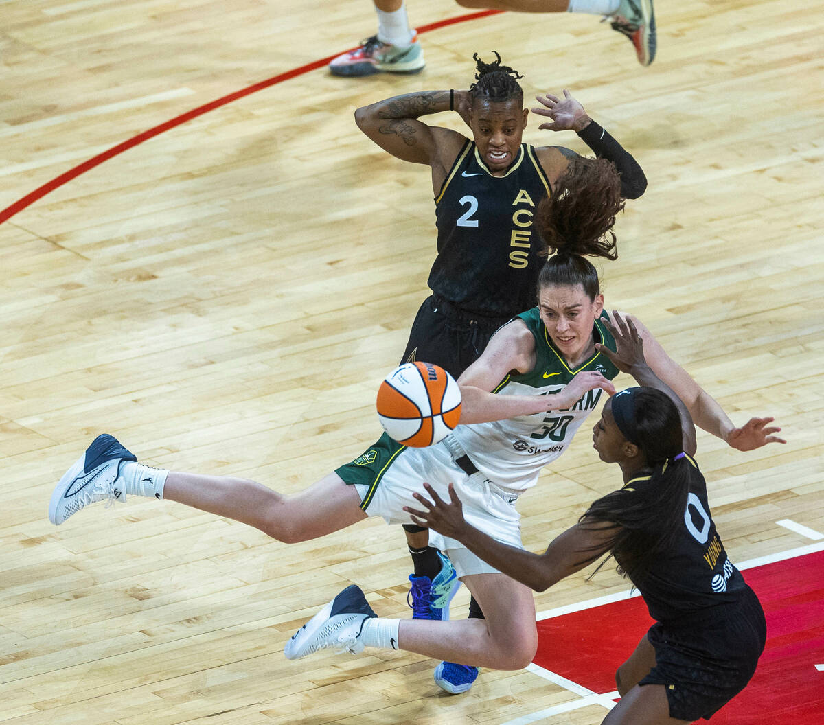 Seattle Storm forward Breanna Stewart (30) receives a foul call after contact with Las Vegas Ac ...