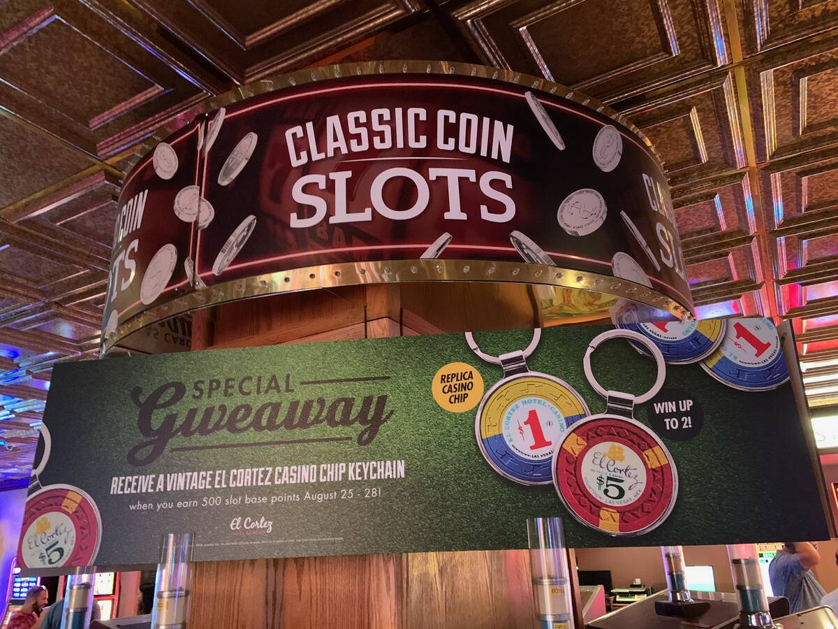 A sign above a bank of coin-operated slot machines at the El Cortez, seen on Monday, Aug. 22, 2 ...