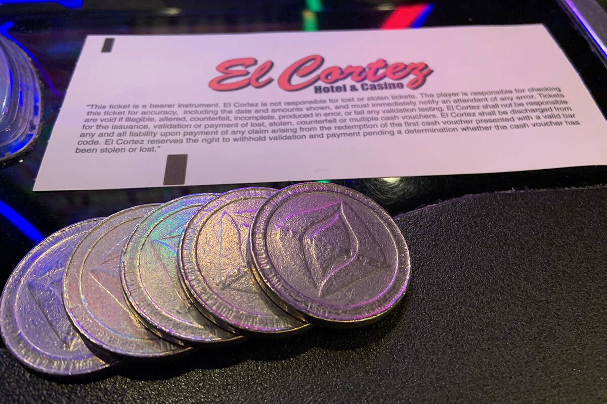One-dollar coins used for the coin-operated slot machines at the El Cortez, seen on Monday, Aug ...