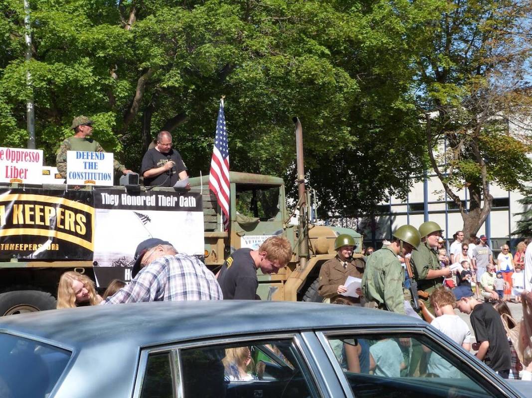 Stewart Rhodes gives a speech before a parade in Kalispell, MT in 2011. (Courtesy Tasha Adams)