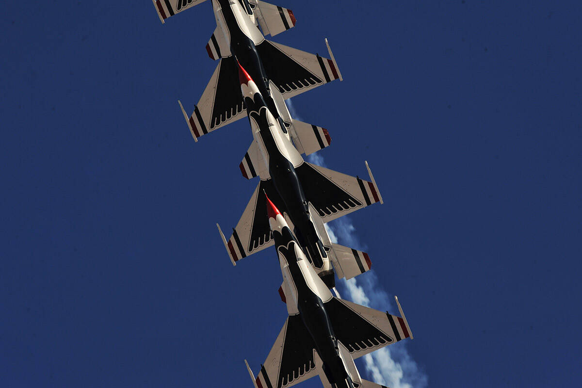 The United States Air Force Air Demonstration Squadron Thunderbirds, move from trail position i ...