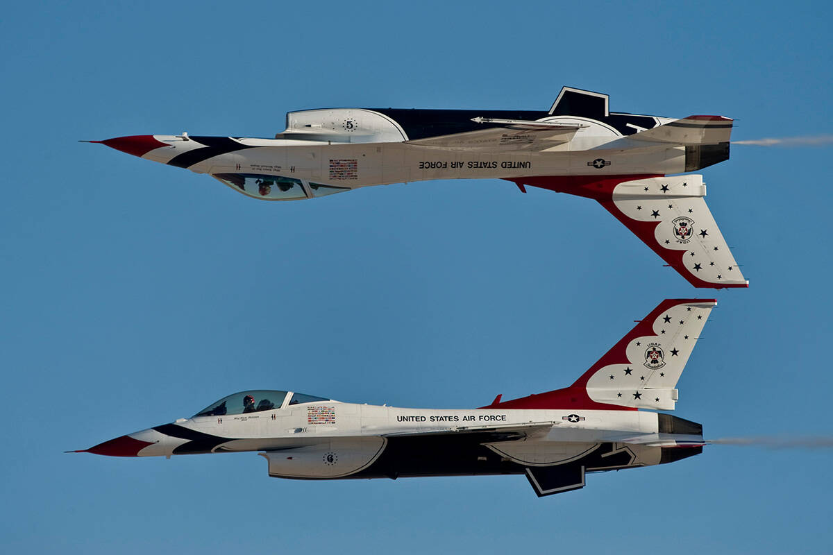 The United States Air Force Air Demonstration Squadron, Thunderbirds, demonstrate the calypso p ...