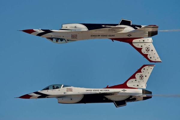The United States Air Force Air Demonstration Squadron, Thunderbirds, demonstrate the calypso p ...